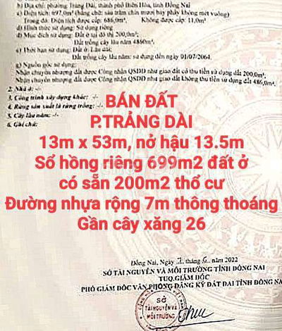 BÁN 699m2 ĐẤT TRẢNG DÀI, ĐƯỜNG NHỰA RỘNG THÔNG THOÁNG, SỔ HỒNG THỔ CƯ