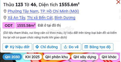 1,3 tỷ 1.555 m2 QH 2030 đất ở đô thị ODT; An Tây, Bến Cát, Bình Dương