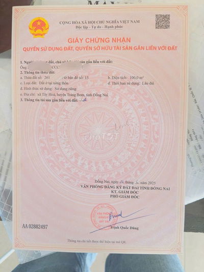 BÁN LÔ ĐẤT THỔ CƯ 100% – XÃ TÂY HÒA, TRẢNG BOM