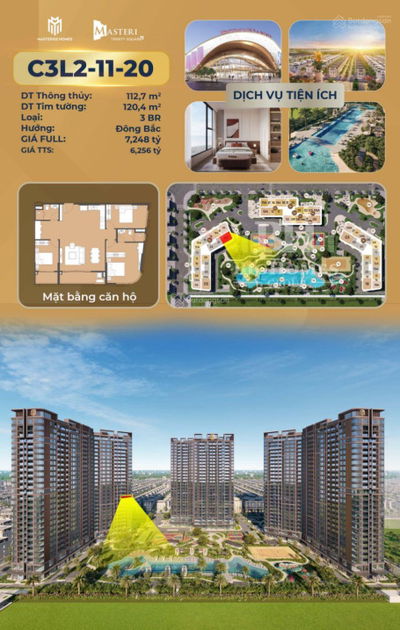 Bán căn 3PN kính cong siêu đẹp, C3L2-11-20 - giá chỉ 55tr/m2
