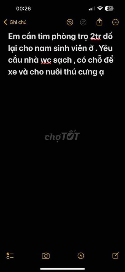 Em cần tìm phòng trọ 2tr đổ lại cho nam sinh viên ở . Yêu cầu nhà wc s