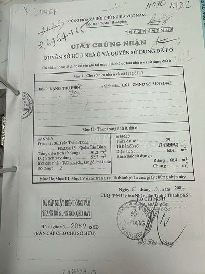 Bán nhà MT 56 trần thánh tông p15 TB 4x15m trệt 2 lầu ST giá 8.9 tỷ