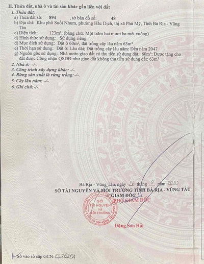 Bán đất tại Hắc Dịch, Phú Mỹ, Bà Rịa Vũng Tàu, 1.65 tỷ, 123m2, giá siê