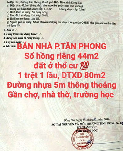 BÁN NHÀ TÂN PHONG, 1TRỆT 1LẦU, SỔ HỒNG THỔ CƯ ĐƯỜNG NHỰA RỘNG 5m THÔNG