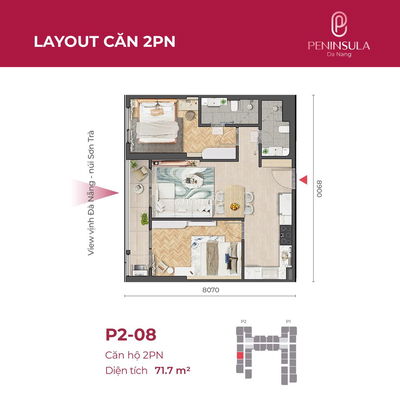 Căn VIP 2PN View Biển + Sông Hàn 71m2 Có Full Nội Thất Giá 70Triệu/m2