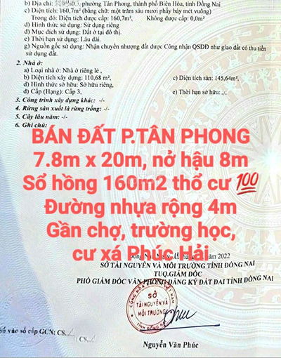 BÁN ĐẤT TÂN PHONG, SỔ HỒNG THỔ CƯ, ĐƯỜNG OTO 7 CHỖ, GẦN CƯ XÁ PHÚC HẢI