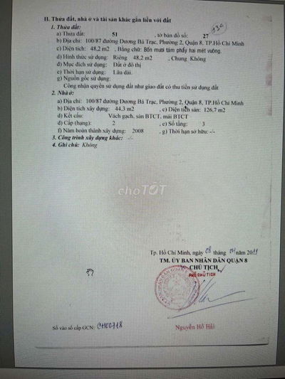 Bán nhà 100/87 DBT P2 Q8 sát chợ Rạch Ông