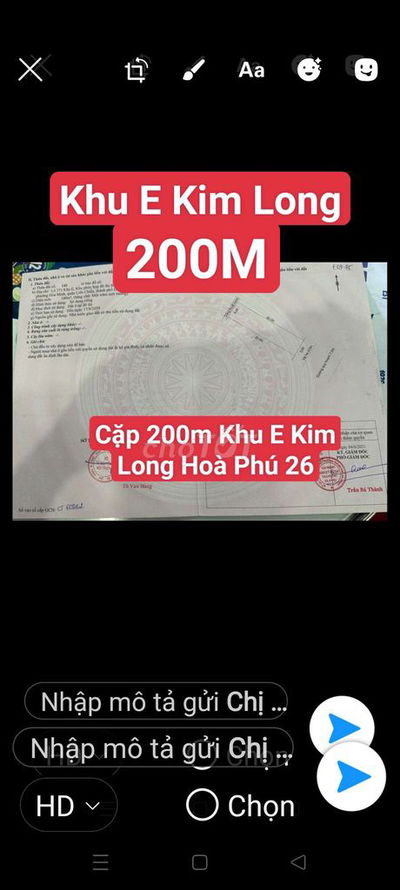 ĐẤT KHU E KIM LONG 200M HOÀ PHÚ 26