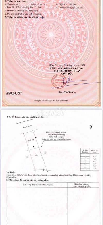 BAN LÔ ĐẤT MẶT TIỀN QLO 20 VỚI 297M2 CHỈ VỚI GIÁ 2 TỶ 250 TRIỆU,GIA RẼ