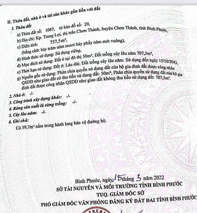 Ngân hàng thanh lý lô đất 757,5m2 có 50m2 đất ở tại TT Chơn Thành