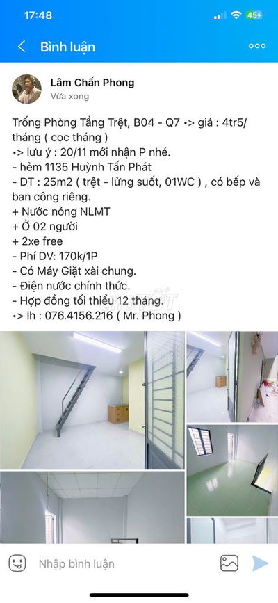 Trống Phòng Tầng Trệt , Q7 •> 4tr5