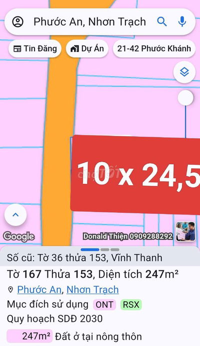 Đất thổ cư 2 mặt tiền đường Hùng Vương Xã Phước An 10 x 24,5M