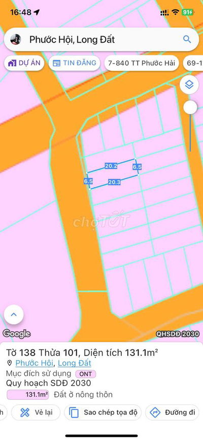 Cách bãi tắm Lộc An 700m, mặt tiền đường. DT 131m2 (6,5 x 20) full thổ