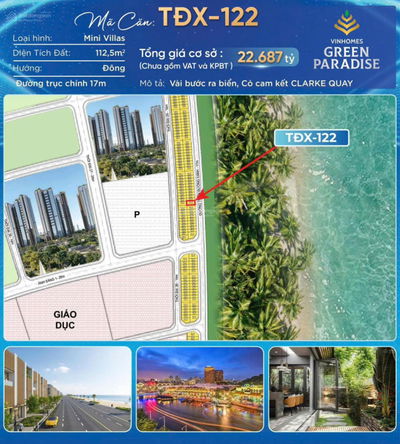 Căn sát biển siêu hiếm TĐX-122 Hướng Đông, Đường 17m, Giá Chỉ 22,687 Tỷ tại Vinhomes Green Paradise