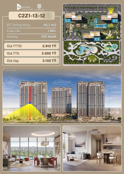 Căn Hộ 1N+ 45,7m2 Masteri Trinity Square - Giá rẻ nhất thị trường - Hỗ trợ vay đến 70%