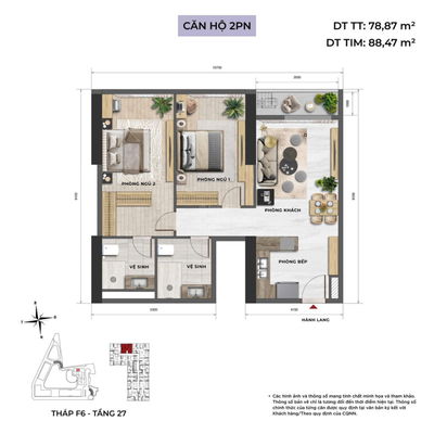 Độc quyền căn 2pn giá chỉ 9 tỷ ban công hướng nam, đông nam tầng trung, cao Sun Feliza Cầu Giấy