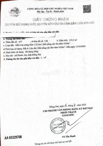 Chính chủ, đất ấp Hòa Bình, Hùng Vương,133,5m,thổ cư