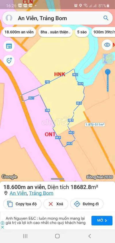 bán 1,8ha đất tại An Viễn - Trảng Bom .