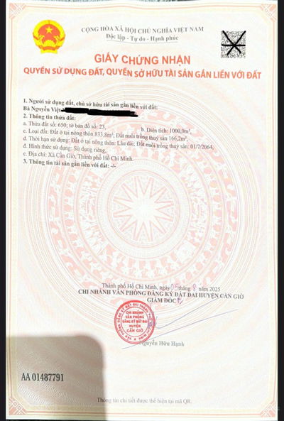Chính chủ cần bán lô đất 1000m2 ở Cần Giờ - Hồ Chí Minh - 0938 099 ***