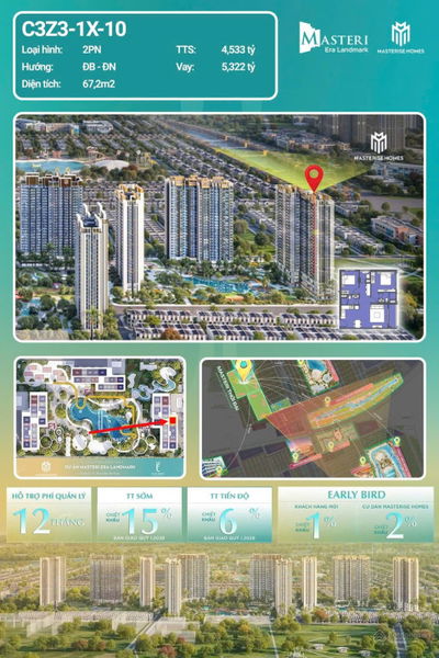 Bán CH 2 ngủ góc Masteri Era Landmark (MEL), 67,2m2, Đông Nam - Đông Bắc Vinhomes Ocean Park