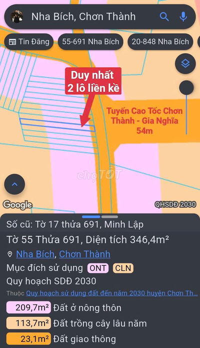 BÁN GẤP LÔ ĐẤT NGAY CHỢ MINH LẬP MẶT TIỀN 20M ĐƯỜNG NHỰA