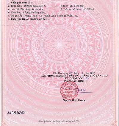 Cần bán gấp 1.724 m2 Đất xã Trường Long, Cần Thơ