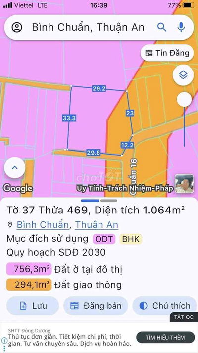 Đất sổ đỏ, mặt tiền đường , diện tích 1064m, thổ cư 445m, Bình chuan16