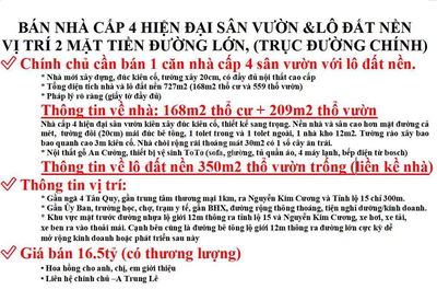 BÁN NHÀ CẤP 4 HIỆN ĐẠI & 3LÔ ĐẤT NỀN.2 MẶT TIỀN ĐƯỜNG.TRỤC ĐƯỜNG CHÍNH