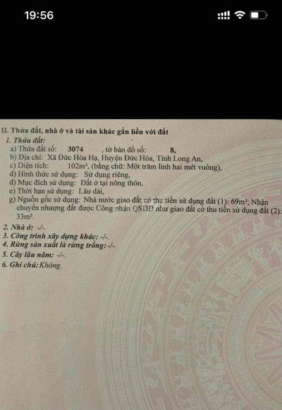 Đất Long An Chính Chủ cần bán  DT 102m2 Gần Khu Công Nghiệp, trên bản