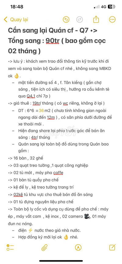 Sang Quán cf đường số 4 , Q7 •> 90tr