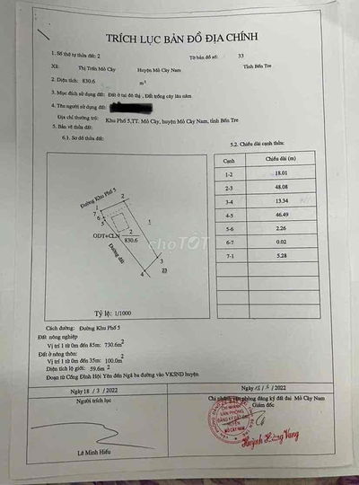 Đất vườn diện tích lớn có 100m thổ cư Trung Tâm thi Trấn Mỏ Cày Nam