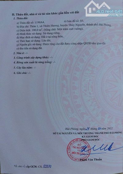 ĐẤT NỀN PHƯỜNG THIÊN HƯƠNG , THỦY NGUYÊN 100M GIÁ 2 TỶ 4 , SÁT TRỤC ĐƯỜNG 203