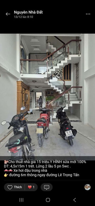 CHO THUÊ NHÀ 4, 5X15M 4 LẦU 5PN Y HÌNH HXT LÊ TRỌNG TẤN