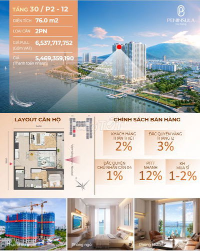 CĐT Peninsula ĐN Còn 1 Căn VIP 2PN Tầng 30, View Pháo Hoa Trọn Đời