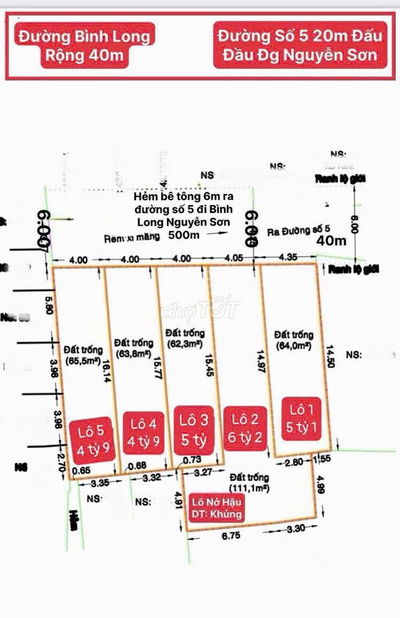 ĐẤT HẺM 6M ĐS 5, BHH A, BT, CÁCH NGUYỄN SƠN TP 200M, DT 4X16,5M, 4,9TỶ
