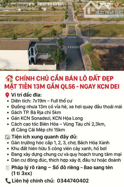 🏡 CHÍNH CHỦ CẦN BÁN LÔ ĐẤT ĐẸP MẶT TIỀN 13M GẦN QL56 – NGAY KCN SONADEZ