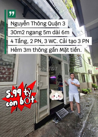 Hẻm xe hơi sát nhà, cách MT 20m - Quận 3 - 4 Tầng - 30m2 ngang 5m.