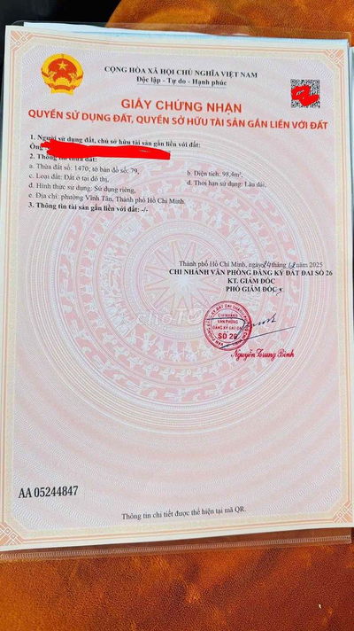 BÁN ĐẤT TÁI ĐỊNH CƯ VSIP 2 - VĨNH TÂN KHU B - 1 TỶ 750