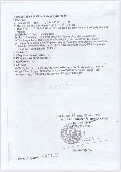 Cần bán 6281m2 đất thổ cư, xã Thái Mỹ, Huyện Củ Chi, TP HCM