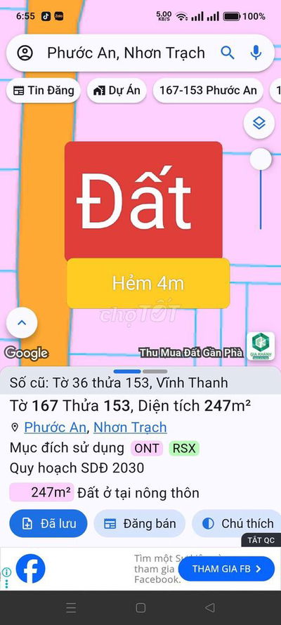 Đất thổ cư 1 xoẹt đường Hùng Vương -Phước An,247M gần Nguyễn Hữu Cảnh