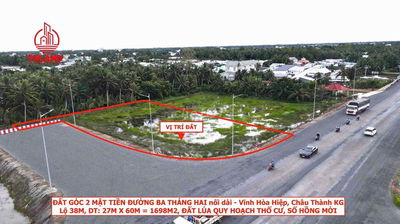 Đất Góc 2 mặt tiền đường 3 tháng 2 nối dài, lộ 38m, 27x60m, sổ sẵn