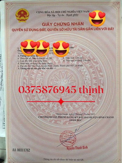 Bán đất 130m2 full thổ cư  Tân nhựt bình chánh