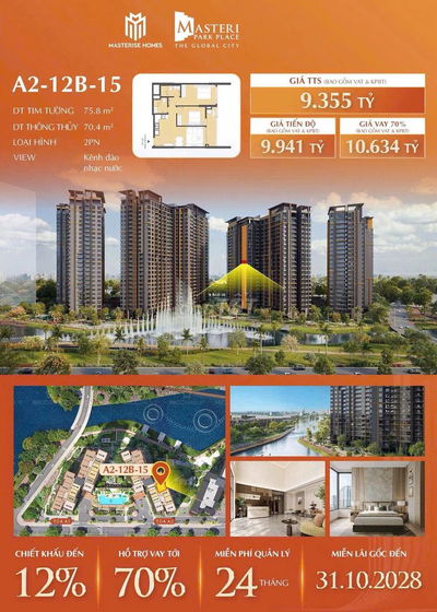 Bán chung cư quận 2 : Masteri Park Place: 2PN, Tiện nghi chuẩn quốc tế