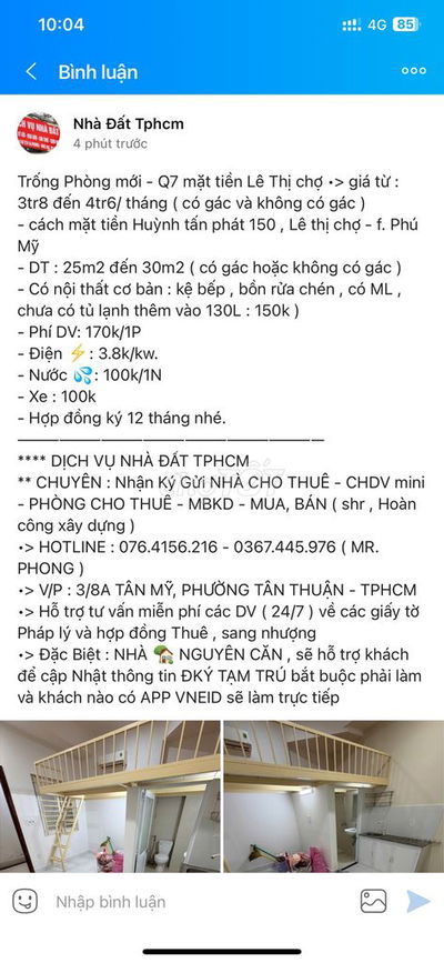 Trống phòng mới •> mặt tiền đường Lê thị chợ