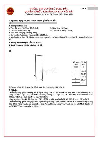 Bán đất thổ cư góc 2 mặt tiền 435m² full thổ cư Ngãi Giao giá 4,2tỷ