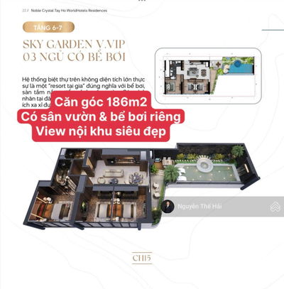 Căn góc 186m2 có sân vườn và bể bơi riêng. Tổng giá 36 tỷ. Toà Noble Crystal Tây Hồ