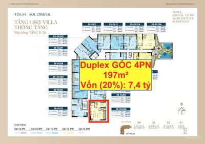 CĂN GÓC DUPLEX 4PN 197M2 NOBLE CRYSTAL TÂY HỒ, ĐÔNG NAM, VIEW TIỆN ÍCH NỘI KHU, VỐN 7,4 TỶ KÝ HĐMB