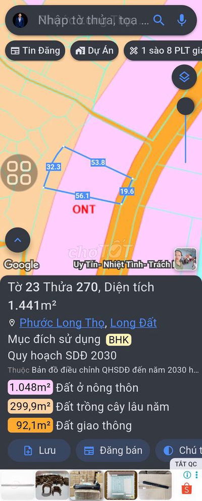 Bán đất đường Phạm Hùng gần cổng 2 kcn Đất Đỏ. Dt 1441m2 20m mt