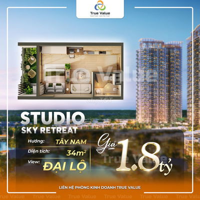 Căn hộ Sky Retreat Studio 34.5m2 1PN 1WC, Tầng đẹp, View thoáng,1.8 tỉ