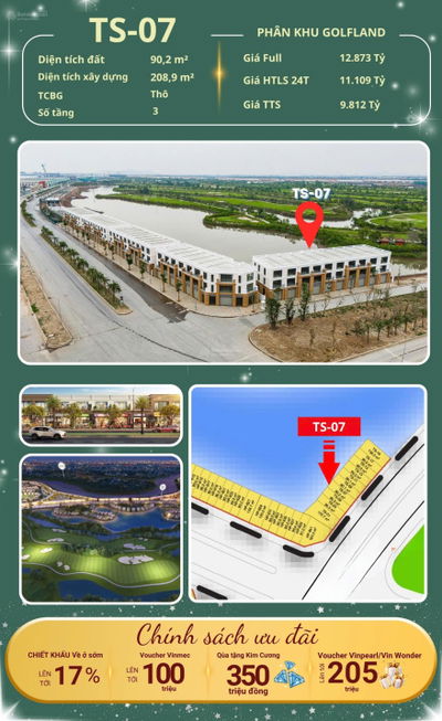TS-07: Biệt thự 3 tầng, 90m² đất, 208m² XD. Ưu đãi ck về ở sớm 17%